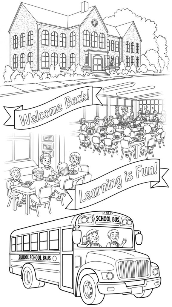 Free Back to School Coloring Pages for Kids (Printable & Fun!) 13 school building and classroom scenes coloring page 1