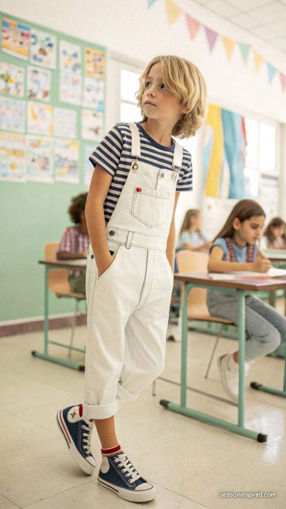 dungarees striped tee sneakers for back to school outfits first day of school
