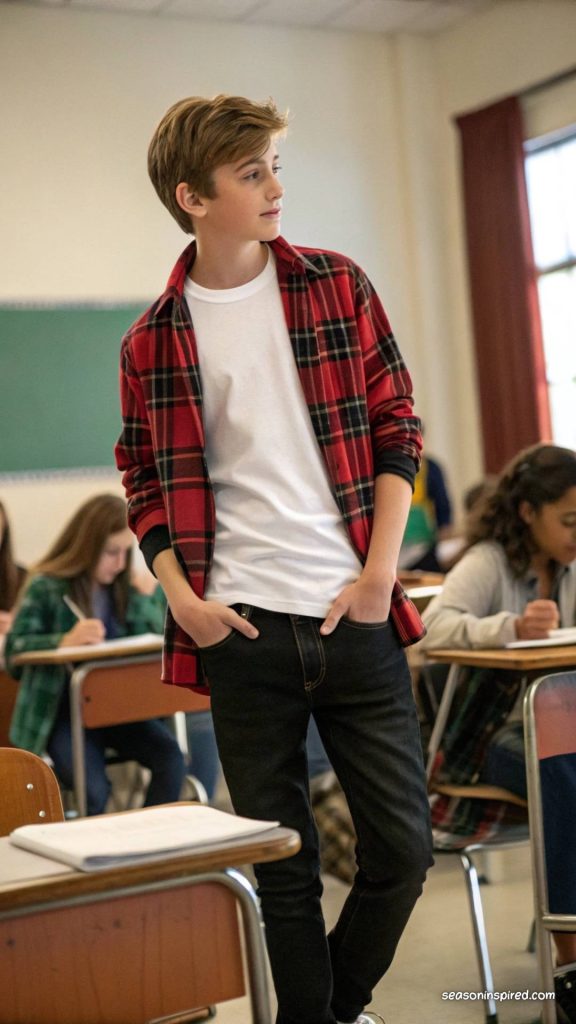 flannel shirt white tee black jeans for back to school outfits first day of school