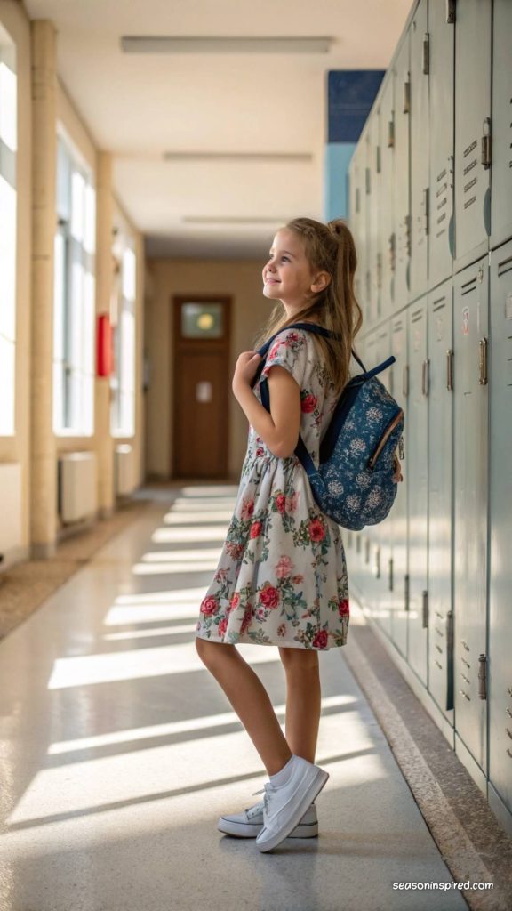 floral dress white sneakers or boots for back to school outfits first day of school