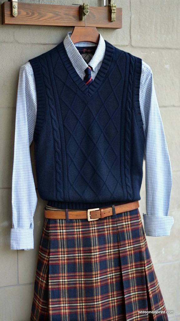 sweater vest button down shirt plaid skirt back to school outfits